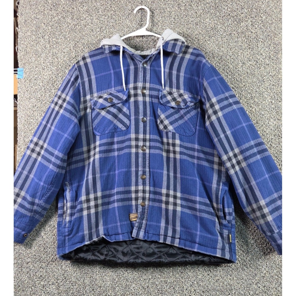 Brazos Hooded Flannel Jacket Mens L Blue Excellent Work Force Quilted Plaid‎